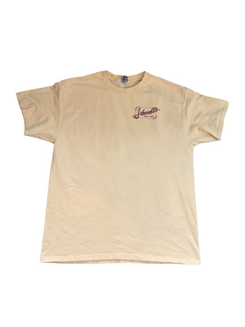 Gildan Cream Short Sleeve Tee with Burgundy Script Logo
